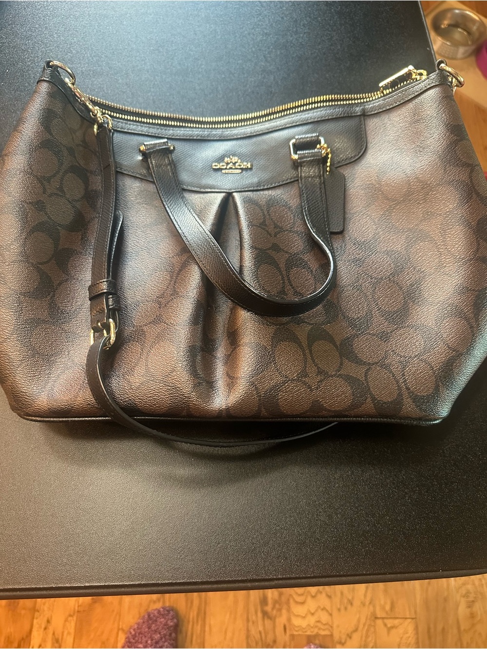 Coach Brown Signature Jacquard Tote with Gold Hardware